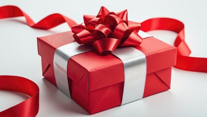 Red gift box featuring a silver ribbon and red bow against a white background.