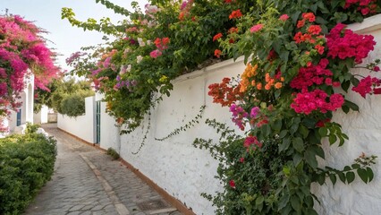 Obraz premium White wall adorned with vibrant flowers, leaves on one side, and a lush floral bunch on the other side