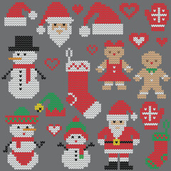 Festive Knitted Delights: A charming collection of knitted Christmas icons, including Santa, snowmen, gingerbread characters, and festive decorations. 