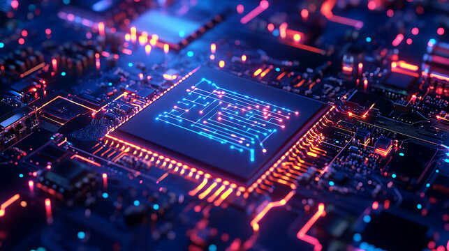 Realistic close-up animation of a high-tech AI processor chip with pulsating neon circuits embedded in an advanced quantum computing system 