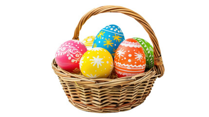 Wicker basket brimming with colorful decorated easter eggs on transparent background