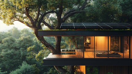 Naklejka premium Modern treetop house, sunrise forest view, sustainable design, eco-friendly living