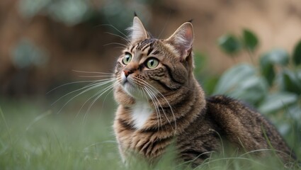 Obraz premium A domestic brown tabby cat sitting in a grassy field, looking away from the camera with its ears attentive.