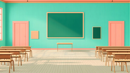 Bright and Colorful Classroom Interior with Chalkboard and Desks