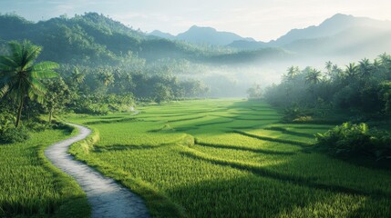 Obraz premium A serene landscape featuring lush green rice fields, a winding path, and distant mountains shrouded in mist, evoking tranquility and natural beauty.