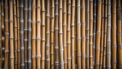 Fototapeta premium Natural brown flat bamboo wood sheets connected as a wall in a full-frame shot, used for a background.