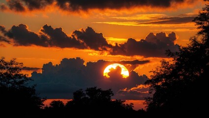A breathtaking sunset casts silhouettes of clouds above trees. Notable features include the vibrant colors and detailed cloud formations.