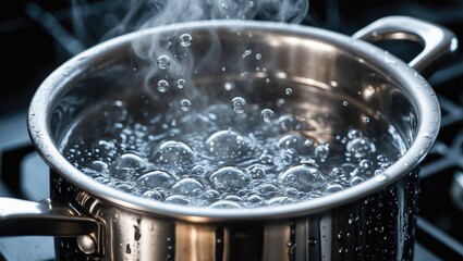 A Pot of Water Boiling with Steam