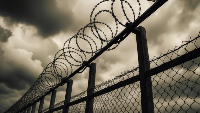 Black and white sepia tone. Concept. Razor wire. Gloomy, bleak sky. Close-up detail. Despair loss of freedom punishment consequence. Choices and outcomes.