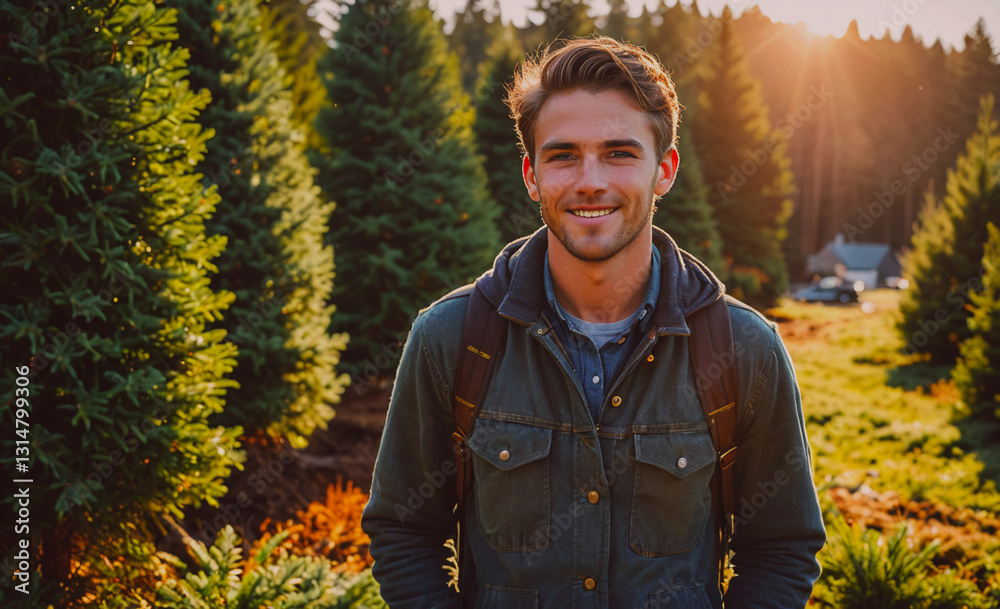 Poster Man is smiling in a forest with trees and a house in the background. He is wearing a green jacket and a backpack