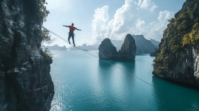 A daring man walks across a highline suspended over the water, unaided by safety equipment. A breathtaking display of extreme adventure and fearless living