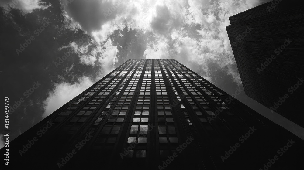 Poster looking up at a towering glass structure, reflections dance on its surface as dark clouds swirl abov