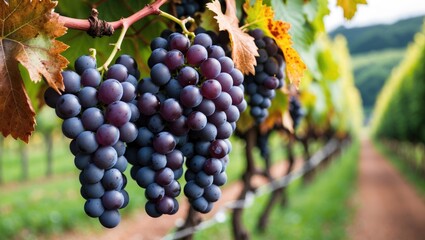 Naklejka premium Bunch of wine grapes in the hilly region that leads to the start of the Prealps. The unique climate imparts an inimitable and distinctive taste to the wine.