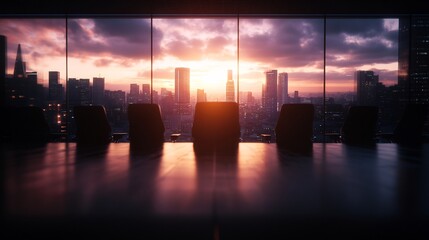 futuristic conference room with LED screens and urban landscape view