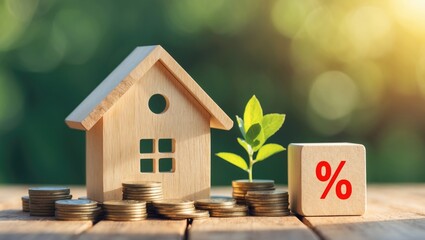 Mortgage rates investment concept in housing real estate with interest rates and 3D home appraisal. Planning savings with coins for buying a home idea related to property ladder, mortgage, and real...