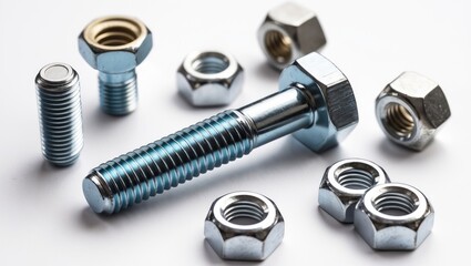 One metal screw and nuts isolated on a white background.