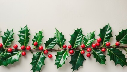 Christmas holiday backdrop displaying green holly branches adorned with red berries positioned along the top edge on a white surface. Perfect for themed designs.