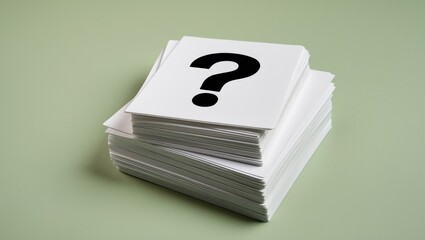 Stack of question marks printed on white sheets or signs arranged beside each other on a green background with copy space in a conceptual image.