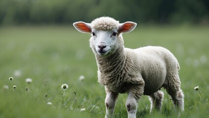 Obraz premium Cute lamb or sheep in green meadow