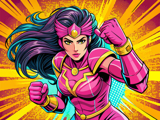 Pop art comic book style super heroine women punching with female superhero costume poster design wall decoration illustration