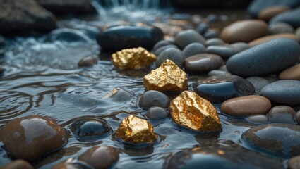 Pure gold ore found in mineral deposits. Rocks and flowing water.