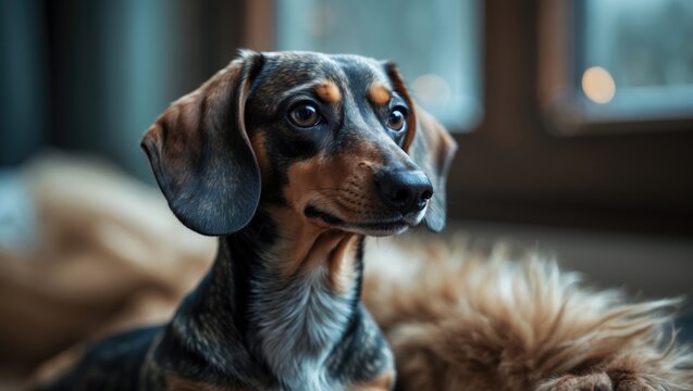 Close-up shot indoors of a cute male dachshund dog.