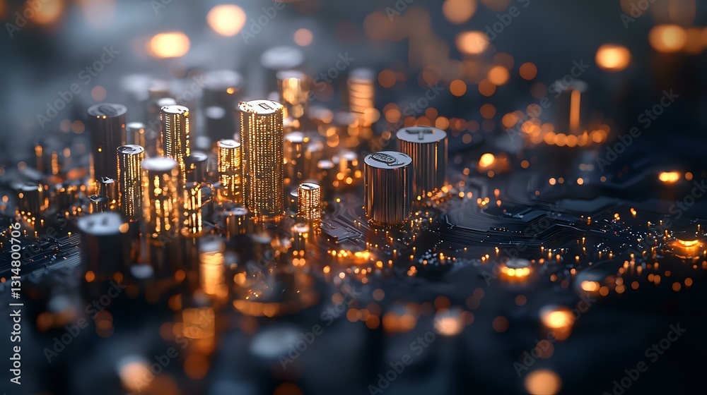 Poster glowing electronic circuit board macro with illuminated components creating futuristic cityscape ill