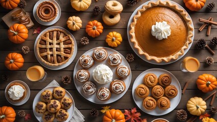 Autumn desserts table display featuring a variety of traditional sweet treats. Overhead view on a rustic wooden surface. Pumpkin and apple pies, cider donuts, muffins, cookies, tarts.
