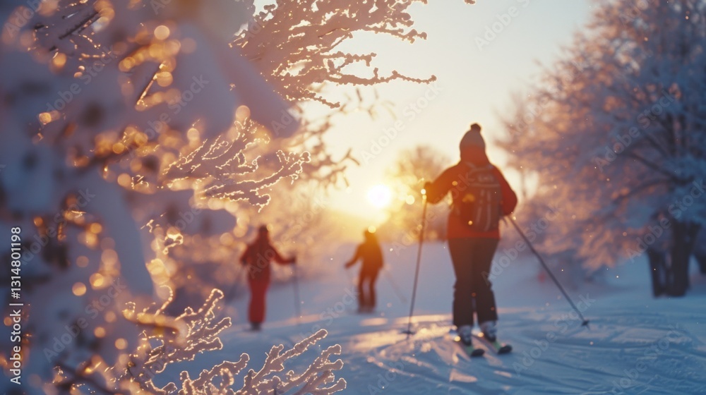 Poster skiers glide through a snow covered trail at sunset, surrounded by frost covered trees and a glowing