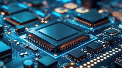 Obraz premium Nano Technology - Circuit Board and Processors. Technology Background with Cool Blue Glowing Laser Elements.