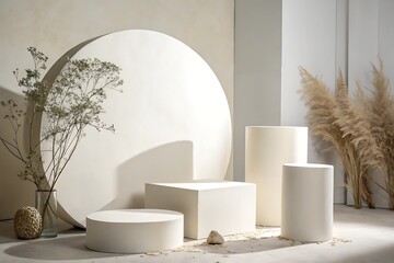 Minimalist product display with geometric shapes and natural elements.
