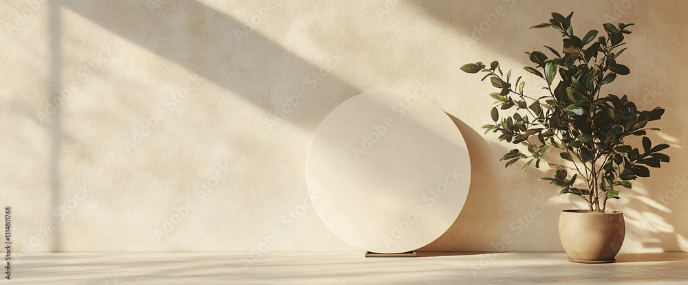 Poster beige wall with sunlight shadows, featuring a blank oval display stand and a potted plant, creating 