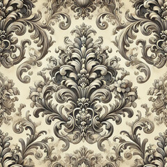 An elegant damask pattern featuring intricate, ornate floral and baroque-inspired details.