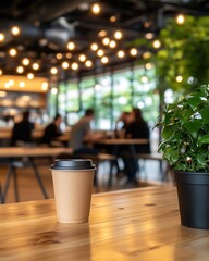 eco-friendly office cafeteria with wooden tables and plants