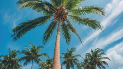 Coconut and coconut palm tree are perennial plants and fruits, with a bunch of coconuts shown from an uprisen angle, fragrant coconut, and young coconut suitable for drinking.