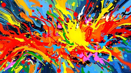 Explosive Color Palette: An abstract artwork bursts with vibrant energy, a kaleidoscope of splattered paint in an array of bright colors, capturing movement and dynamism on the canvas.