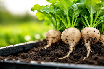 Sugar beets, freshly harvested, are piled into a large container with dirt clinging to their roots. The focus on their textures showcases the earthy beauty of the harvest process