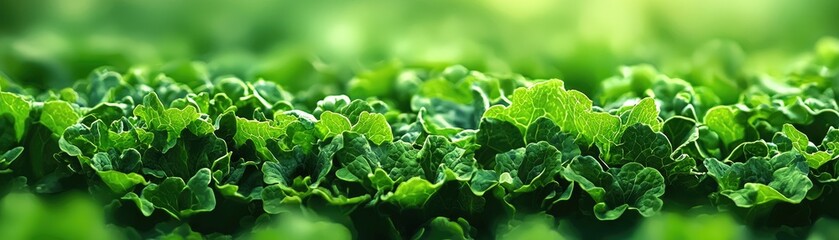 Lush green lettuce leaves growing in a field, sunlight background, healthy food