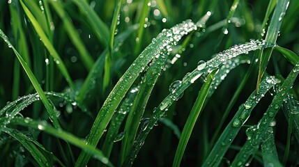 Dew-covered grass blades, close-up, outdoor, nature background; website, poster