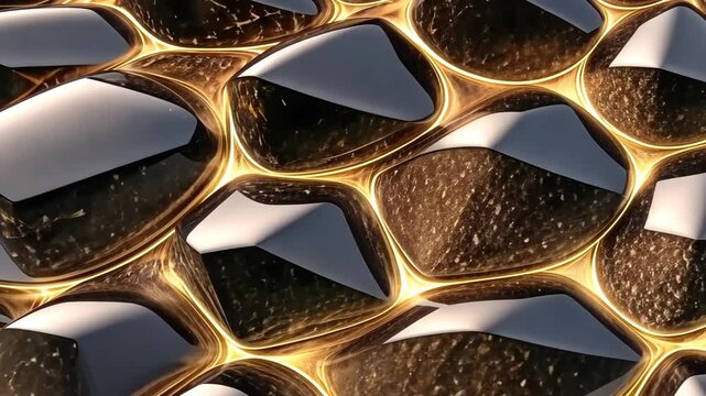 Close-up of a honeycomb Bronzite texture background structure with glossy, dark cells and golden outlines, creating a futuristic and abstract appearance.