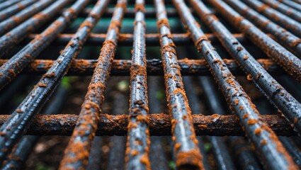 Rebar steel bars, reinforcement concrete rods with wire rods utilized in foundations.