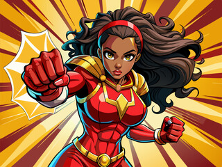 Pop art comic book style super heroine punching with female superhero costume