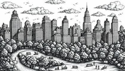 Detailed black and white illustration of a city skyline with park