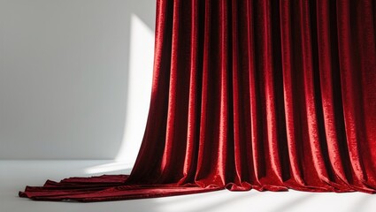 A long red curtain drapes in front of a white background. The curtain is the sole element visible in the image.