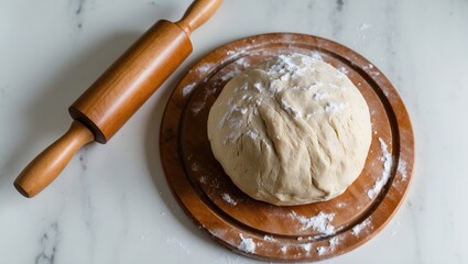 Fototapeta premium Cutting board featuring a ball of raw dough and a rolling pin on a white surface.