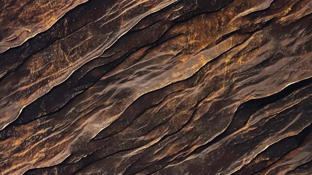 Aerial view of rugged, Bronzite Texture Background landscape with dark, wavy patterns resembling geological formations.