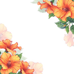 Tropical orange hibiscus watercolor floral frame