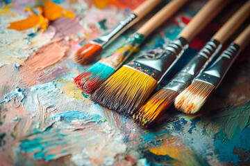 Obraz premium Generative AI image of painting brushes resting on a colorful textured artist canvas