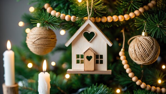 A beautifully adorned Christmas tree showcases wooden house ornaments and soft lighting. The image conveys a warm holiday ambiance, ideal for gatherings and celebrations.