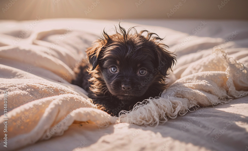 Poster small black puppy is laying on a bed with a white blanket. the puppy is looking up at the camera wit
